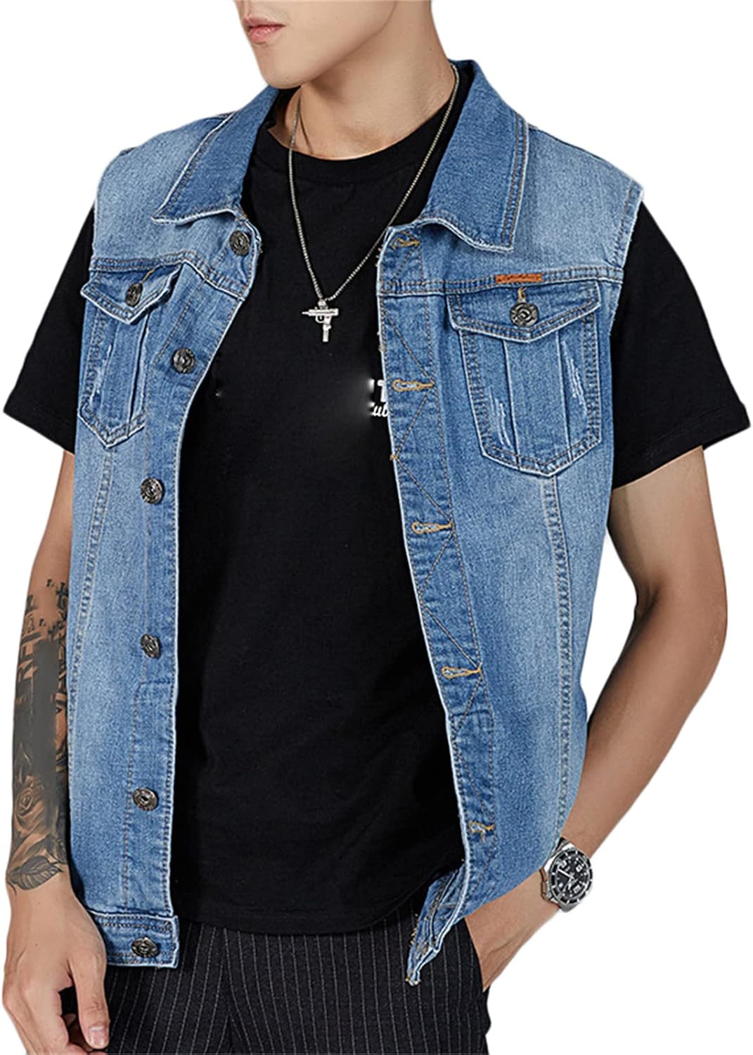 Andongnywell Men's Fit Retro Denim Vest Sleeveless Jean Vest and Rocker Truker Jacket Multi Pocket Oversized Size