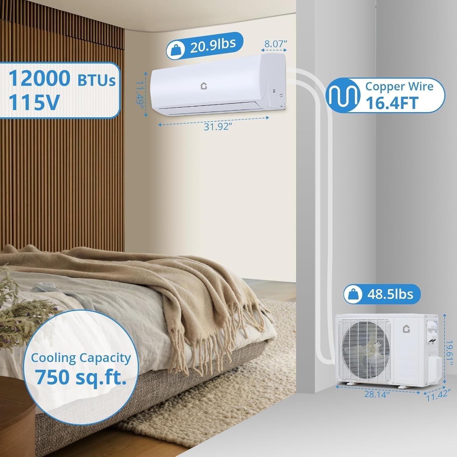 Diagram showing dimensions of indoor and outdoor units, and cooling capacity