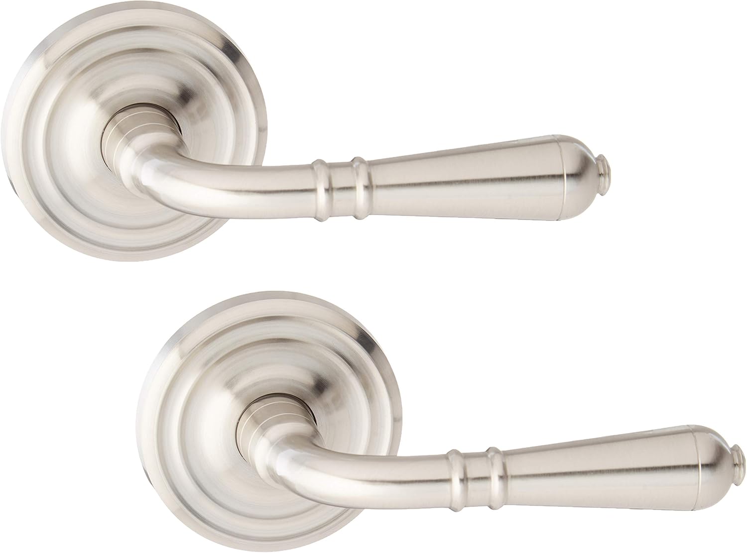 Classic Rosette Set with Turino Levers Left Hand Passage in Satin Nickel. Door Knob Sets.