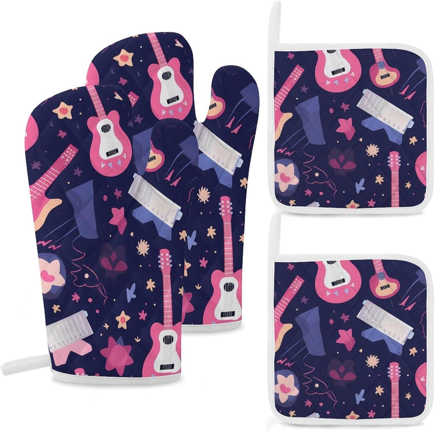 Music Guitar Flowers 4 Pcs Oven Mitts and Pot Holders Set High Heat Resistant Long Kitchen Oven Glove Potholders