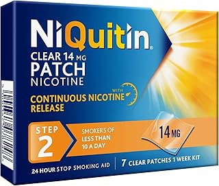 NiQuitin 14 mg Nicotine Patch - Step 2 - Stop Smoking Aid Therapy - 7 Clear Patches for 1 Weeks Treatment - 24h Craving Control - Invisible Nicotine Patches, 7 Count (Pack of 1)