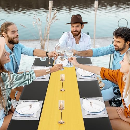 Miniatura 5 de Paquete de 12 manteles rectangulares de plástico negro desechables y satinados, mantel rectangular negro y dorado para cumpleaños, aniversario,