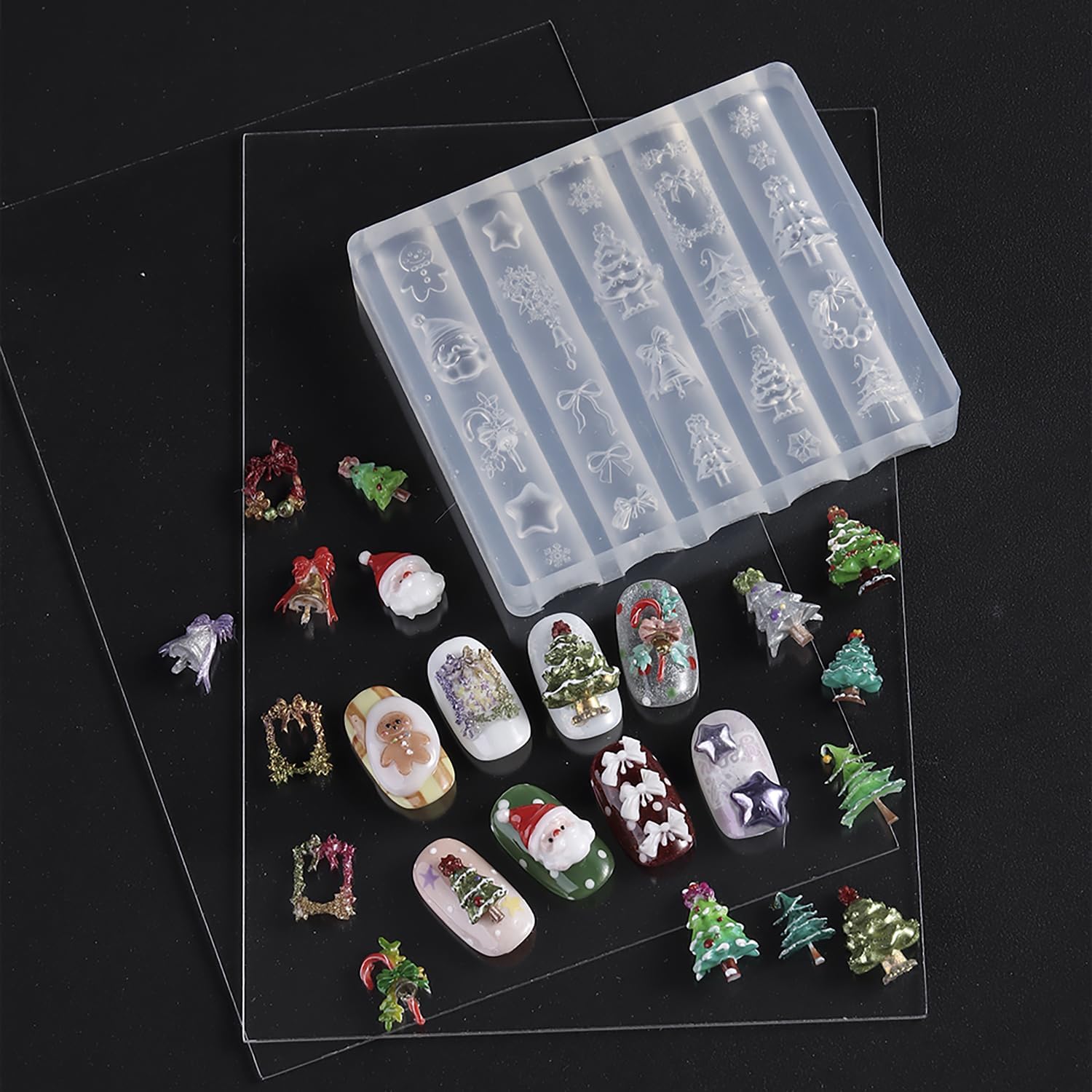 Christmas 3D Nail Mold Silicone Nail Tools, Cute Nail Charm Molds Design Carving Template Nail Art Mold Manicure Xmas Tree Santa Stars Bow Winter Nail Accessories for Women DIY Nail Supplies