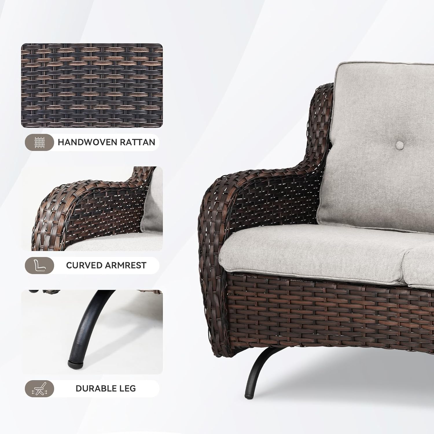 Patio Loveseat Wicker Loveseat Rattan Glider Sofa with Curved Armrest Thicking Back & Seat Cushions for Garden Balcony Backyard Brown Wicker|Beige Cushions (A) Patio Loveseat Glider