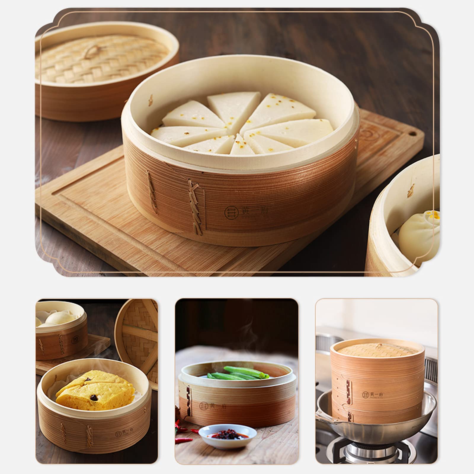 Cestelli per Cottura a Vapore, Vaporiera in Legno da Cucina a 3 Livelli con Manico e Coperchio in bambù per Gnocchi, Dim Sum, Carne, Frutti di Mare