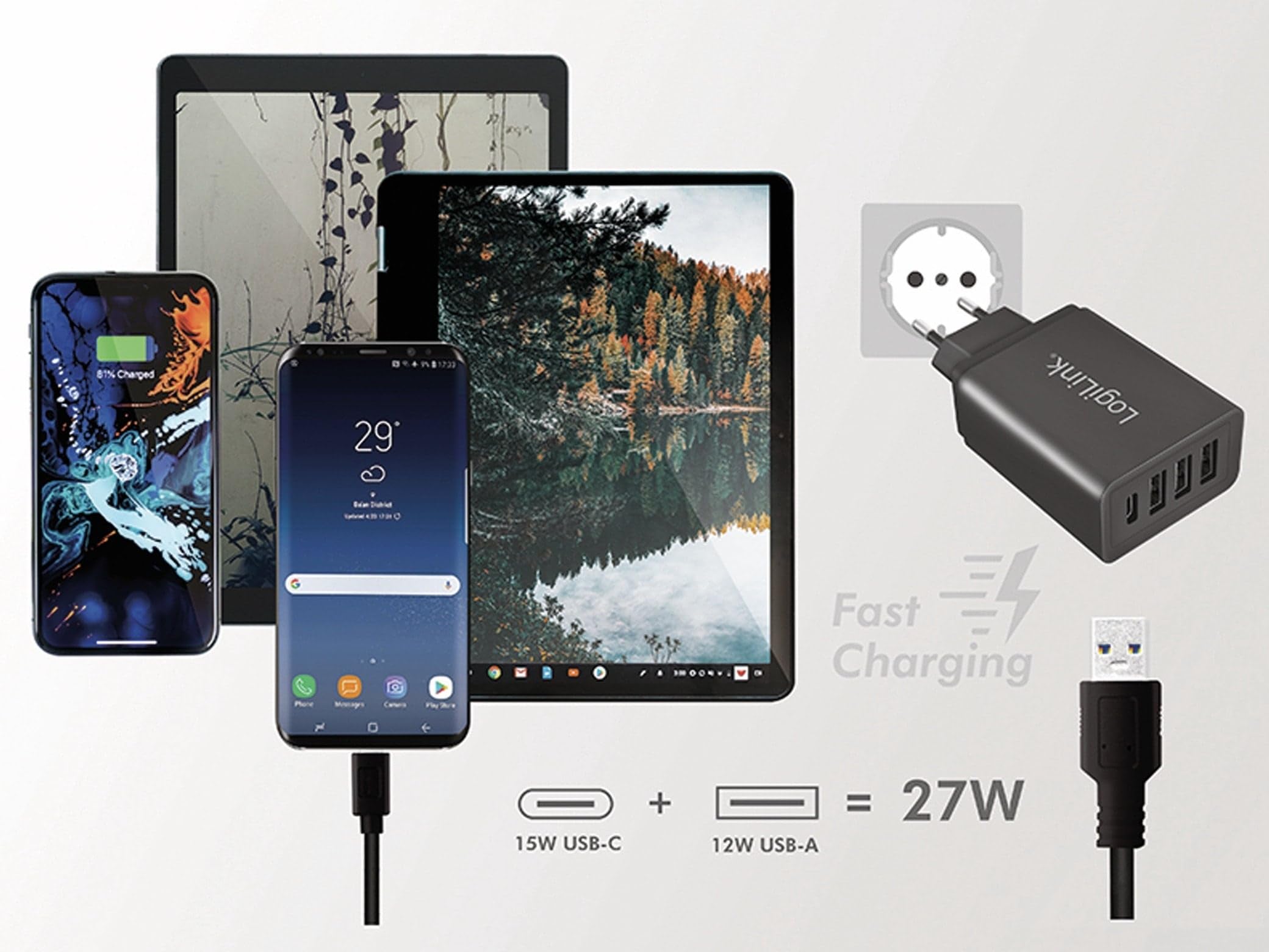 LogiLink Caricatore Da Parete USB 27W Con 4 Porte (1 USB-C + 3 USB-A) - PA0221 - 4