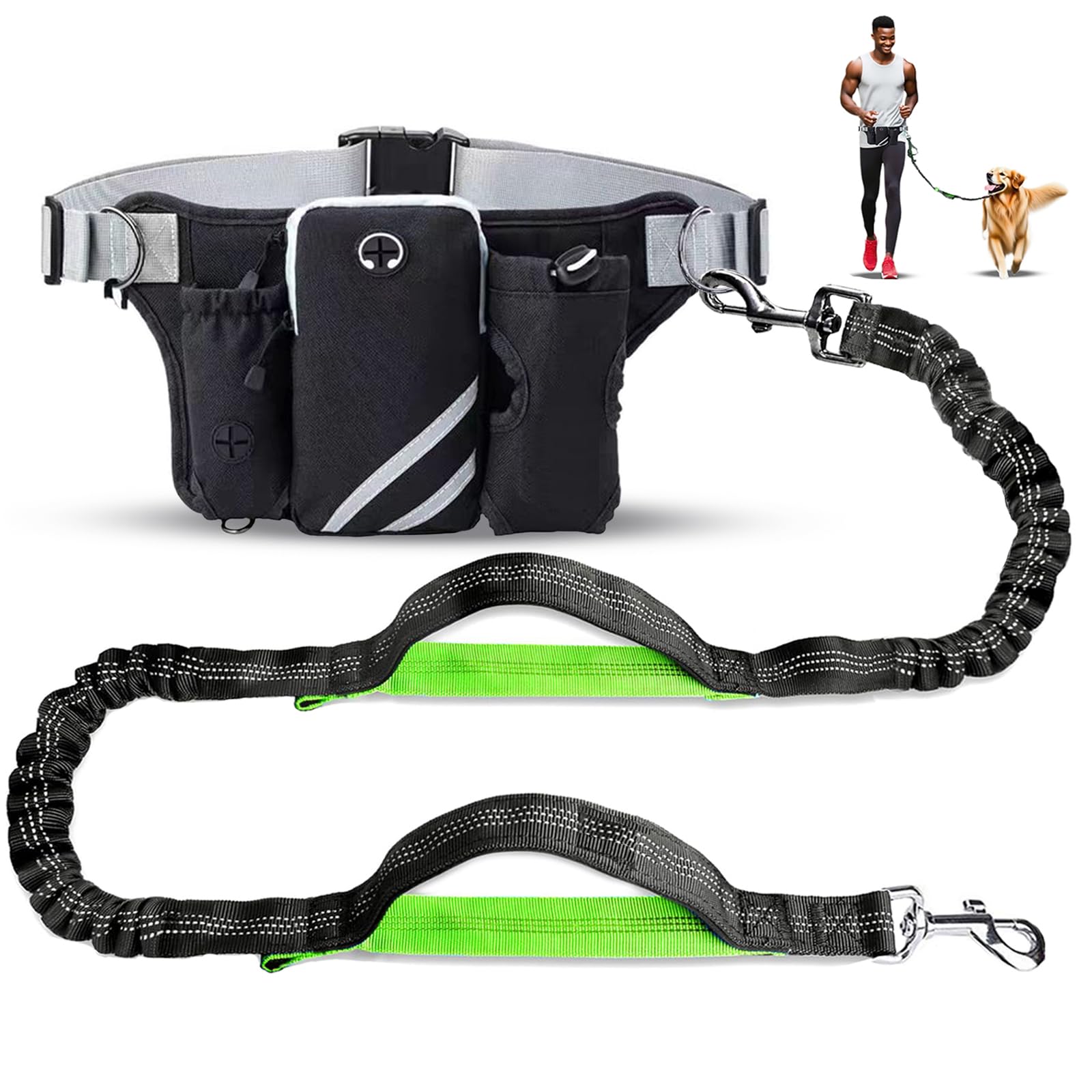 W-UNERVERE Hands Free Dog Leash for Running with Adjustable Waist Belt, Shock Absorbing Bungee & Reflective Stitching for Large Medium Small Dogs on Walks, Jogging, Hiking Training