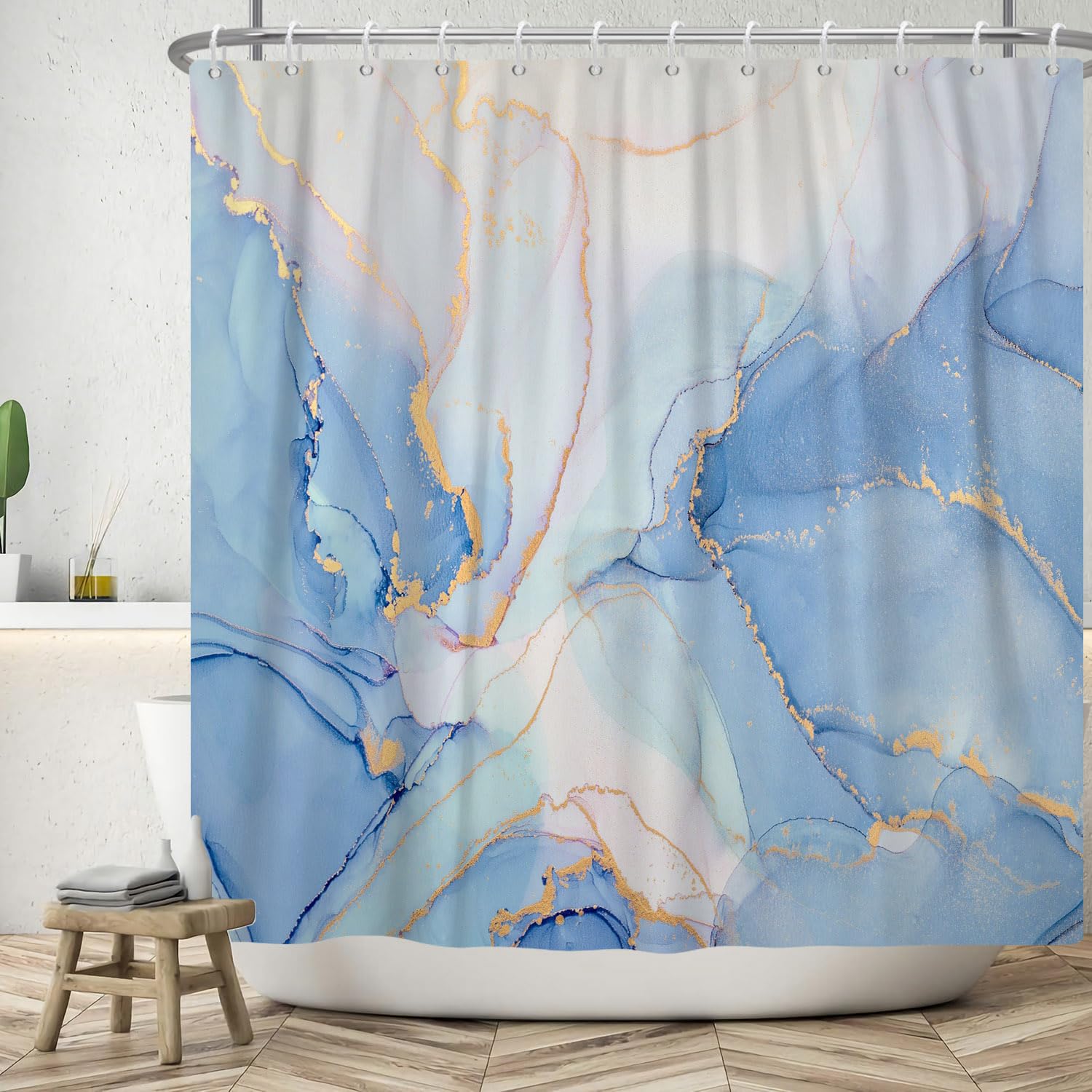 ASDCXZ Marble Shower Curtain 180x240 cm, Modern Abstract Blue White Gold Marble Optic Texture Washable Bath Shower Curtains Polyester Textile Waterproof Shower Curtain for Bathtub with 12 Hooks — image 1