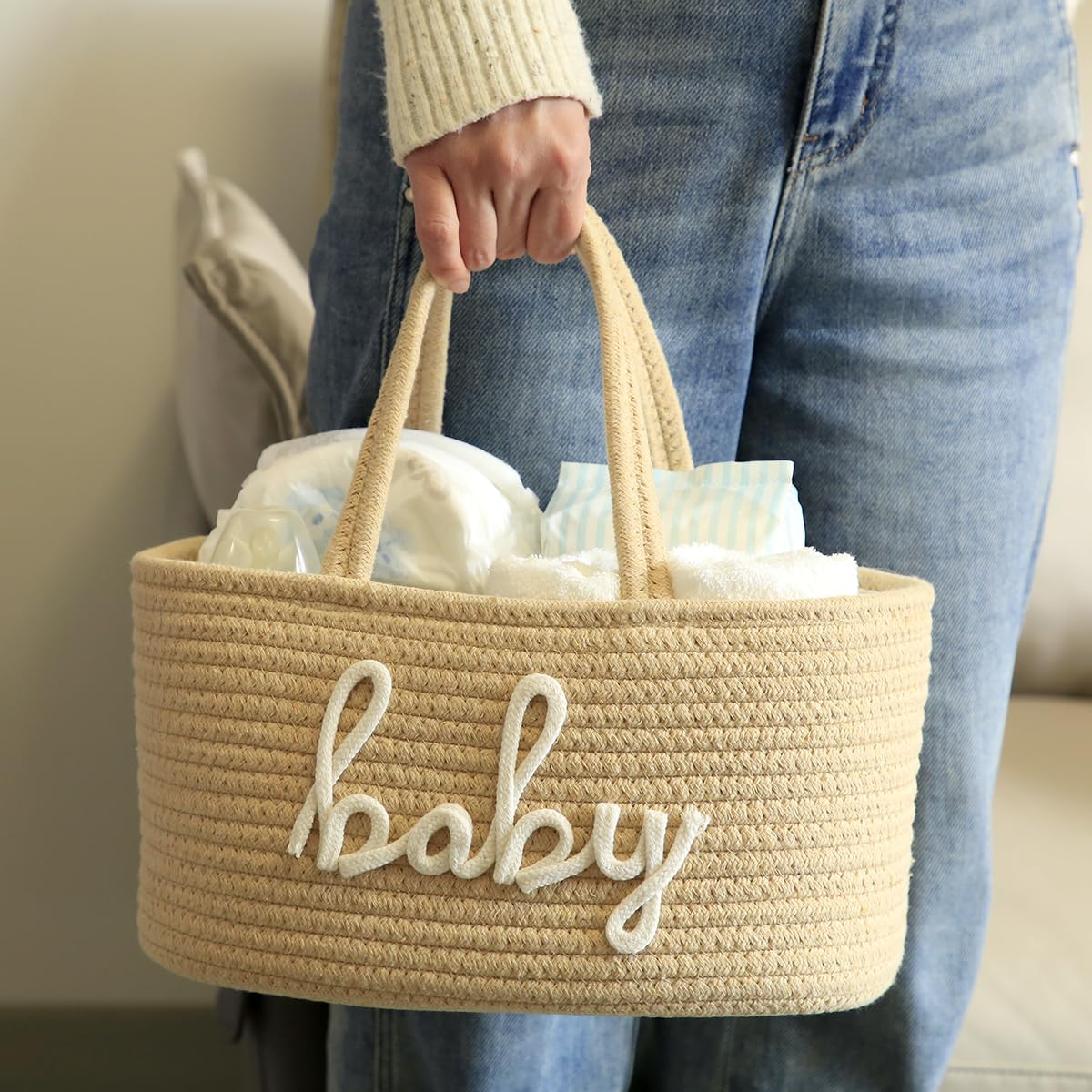 Organizador de pañales para bebé, cesta de almacenamiento para baby shower y toallitas de bebé, bolsa de pañales portátil de cuerda de algodón para cambiador, regalo esencial para recién