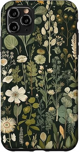 Funda para iPhone 11 Pro Max Olive Green Boho Botanical Wildflowers
