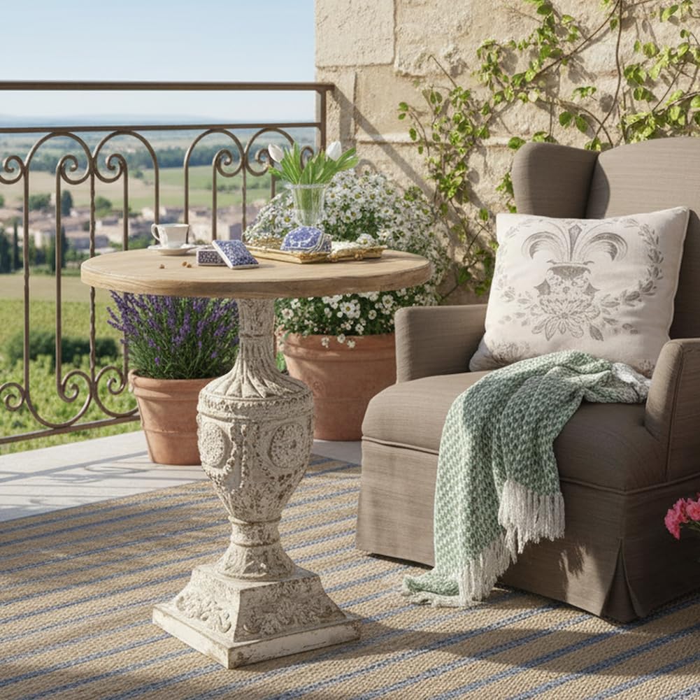 Round Wood Side Table Rustic Circle End Table 30" Small Coffee Tables Drink Table with Pedestal Bedside Tables Nightstand for Small Spaces Living Room Bedroom Patio Antique White & Wood