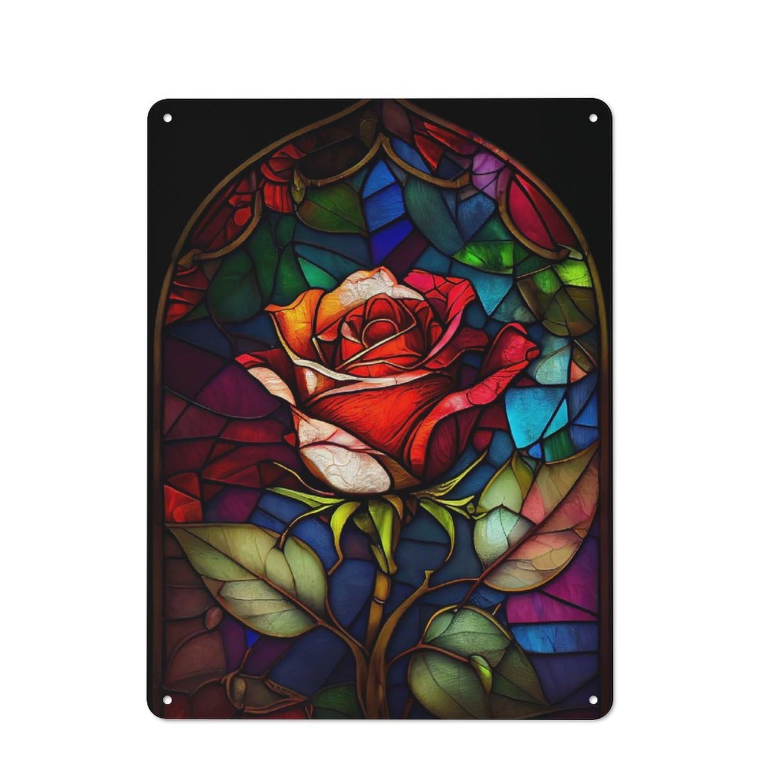 Junmoney Stained Glass Rose Rustic Metal Plaque 40X30cm For Lounge Or Reading Corner, For Home Office, Studio And Craft Room Walls