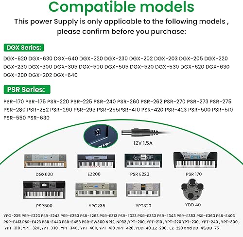 Adaptador de corriente de 12V 1.5A para Yamaha PA130 PA150, fuente de alimentación de 12V 1.5A para teclado Yamaha PSR YPG YPT DGX DD EZ Series