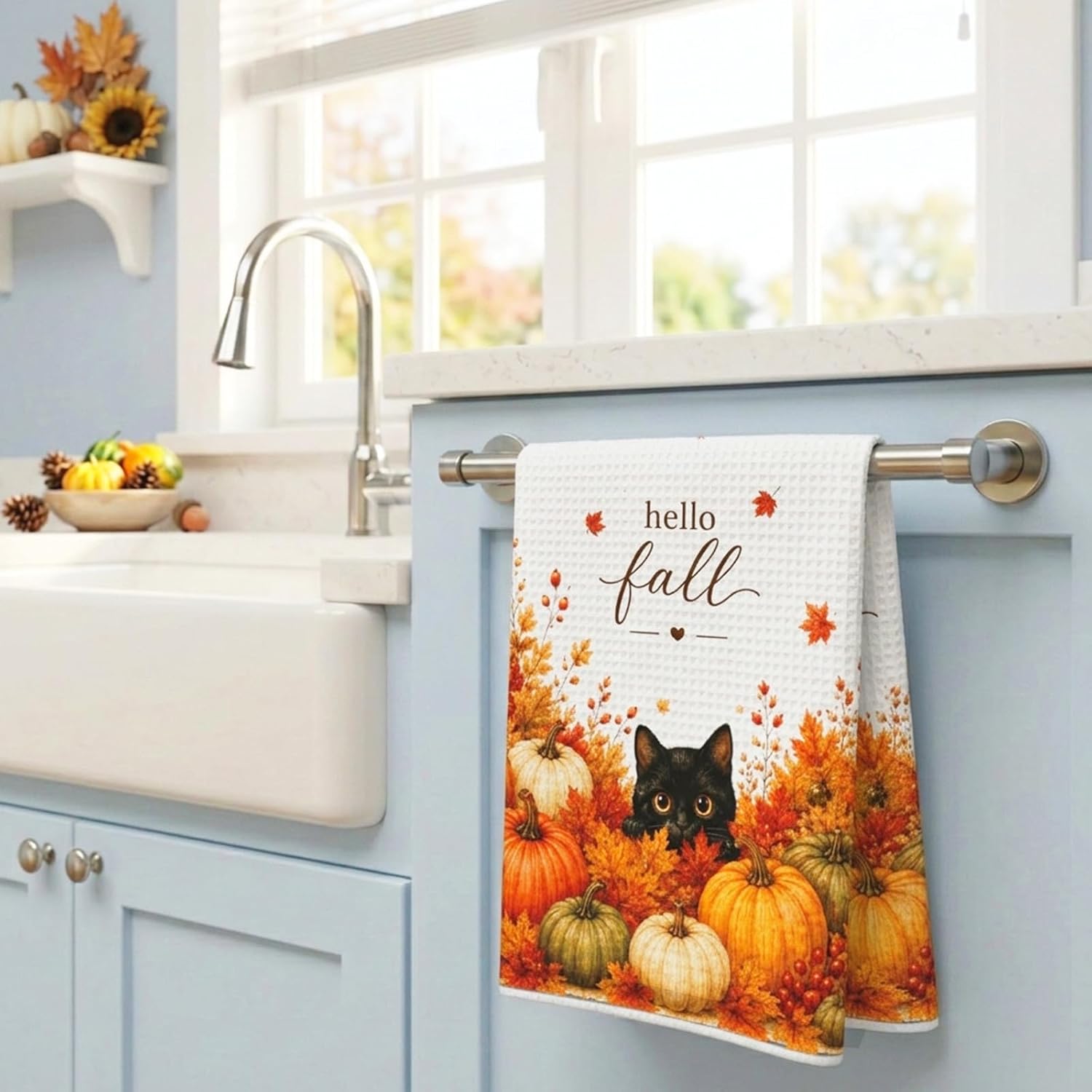 2 Pcs Fall Kitchen Towels, Cute Black Cat Pumpkin Cotton Dish Towels for Home Decor, Autumn Hand Towels for Kitchen Bathroom Decoration Gifts 16 X 24 Inch
