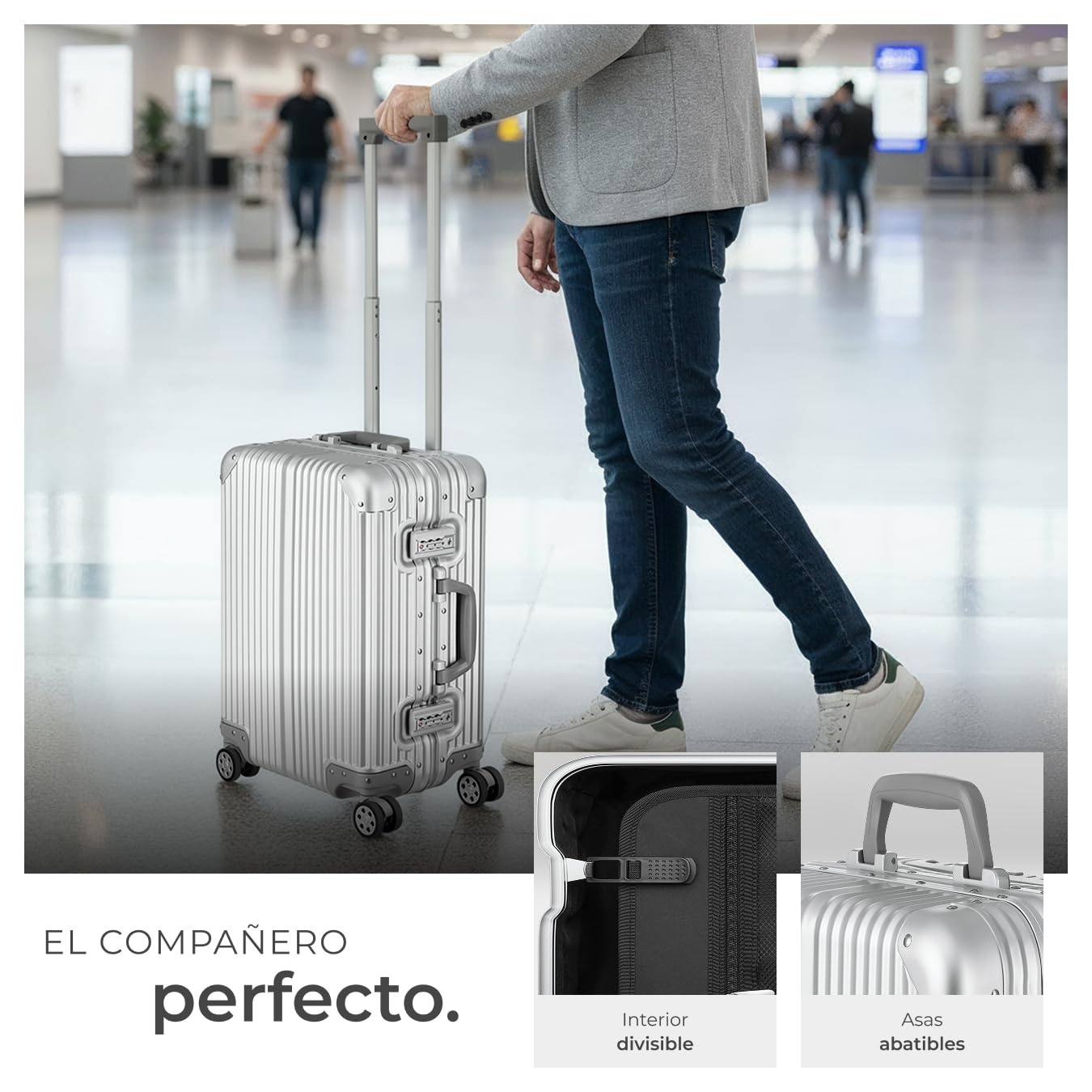 tectake® Maleta Cabina Rígida de Aluminio con Cerraduras TSA, Maleta Mediana Equipaje de Mano en Avión, Maletas de Cabina Ligera, Maletas de Viaje - 53 x 37,5 x 24 cm Plateado