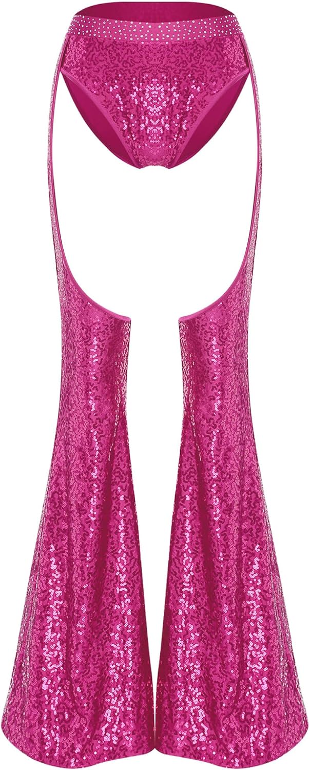 Women Flared Pants Hollow Out Design Sequins Elastic Waistband Bell Bottom 70s 80s Disco Costume