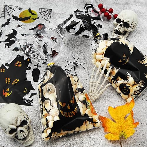 Miniatura 5 de Bolsa de regalo para fiesta de Halloween con lazos giratorios, 100 bolsas de celofán de Halloween, araña, murciélago, fantasma, malvado, dulces,
