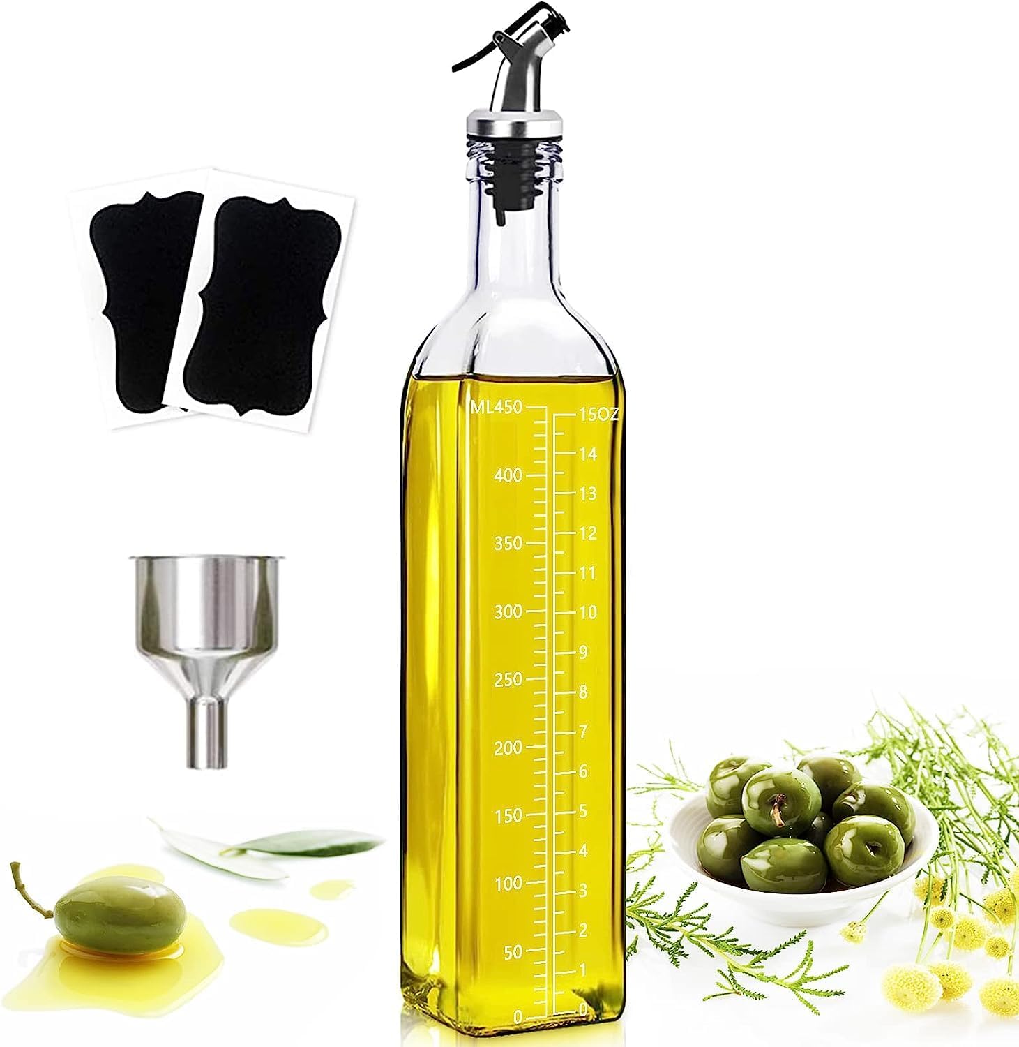 Olive Oil Dispenser, Vinegar and Olive Oil Bottle Dispenser 500 ml/17 oz, Oil Bottles for Kitchen with 1 Pourers,2 Labels and 1 Funnel, Home Square Tall Glass Oil Container As Gift