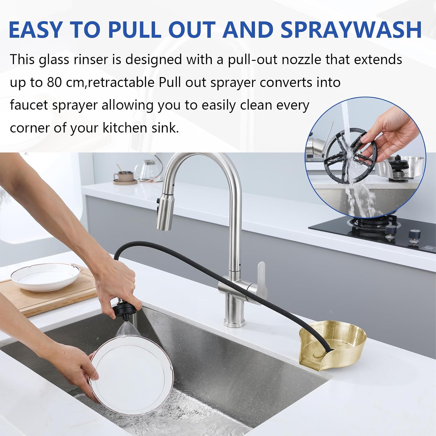2-in-1 Glass Rinser for Kitchen Sink,Stainless Steel Bar Glass Washer Sprayer with Spot Shield,Pull Out Sprayer for Cup Washer,Bottle Cleaner (Glod)