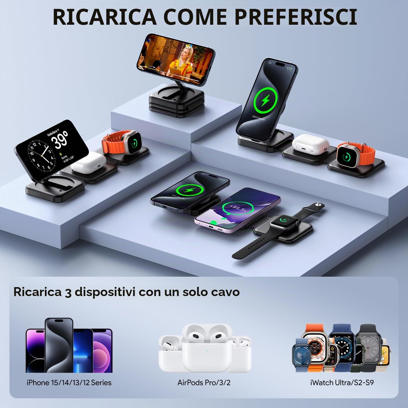 Hinyx Caricature wireless 3 in 1, Caricatore Base Ricarica per iPhone 14/15/13/12/Pro, Caricatore Pieghevole Magnetico Per Air Pods 3/2/pro, for Apple iWatch Series Ultra/SE/S8/8/7