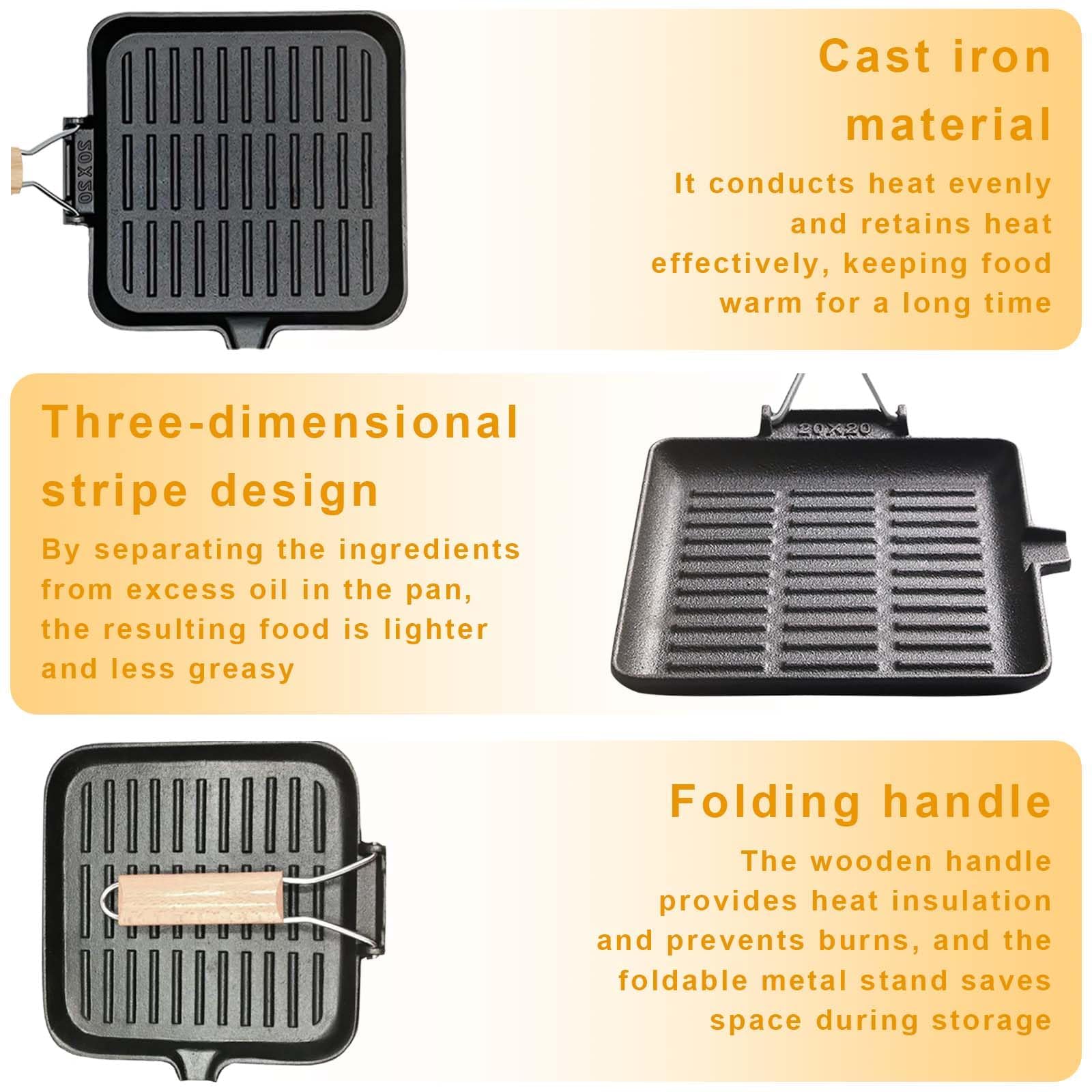 Sartén plegable de hierro fundido, 20 x 20 cm, Parrilla de inducción antiadherente, Parrilla de hierro fundido, Sartén parrilla de aluminio fundido, apto para cocinas de inducción, fácil de limpiar — view 3