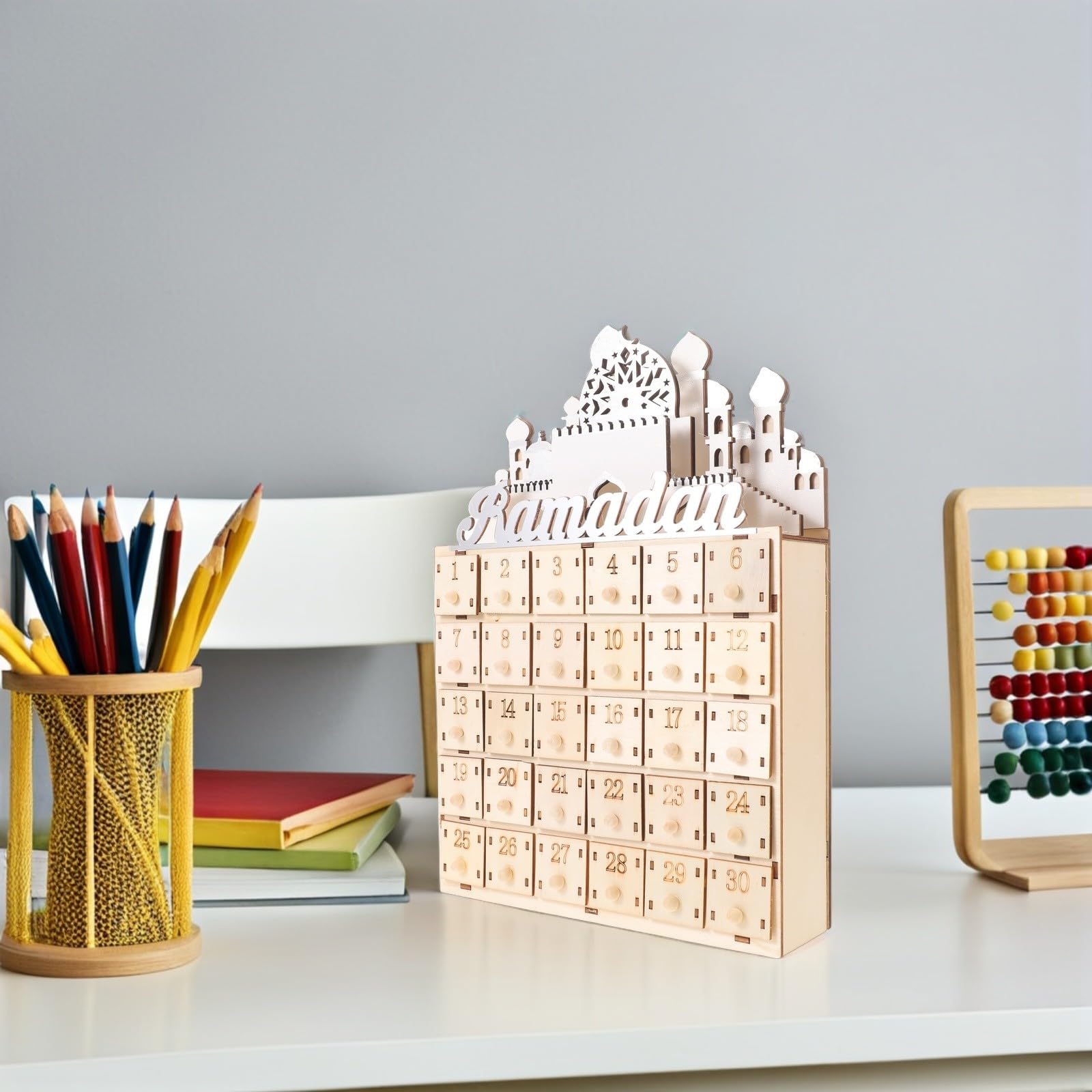 Ramadan Countdown Holzkalender mit 30 Kleiner Schubladen und LED Beleuchtung Festivaldekoration für Wohnzimmer und Party zum Eid Fest