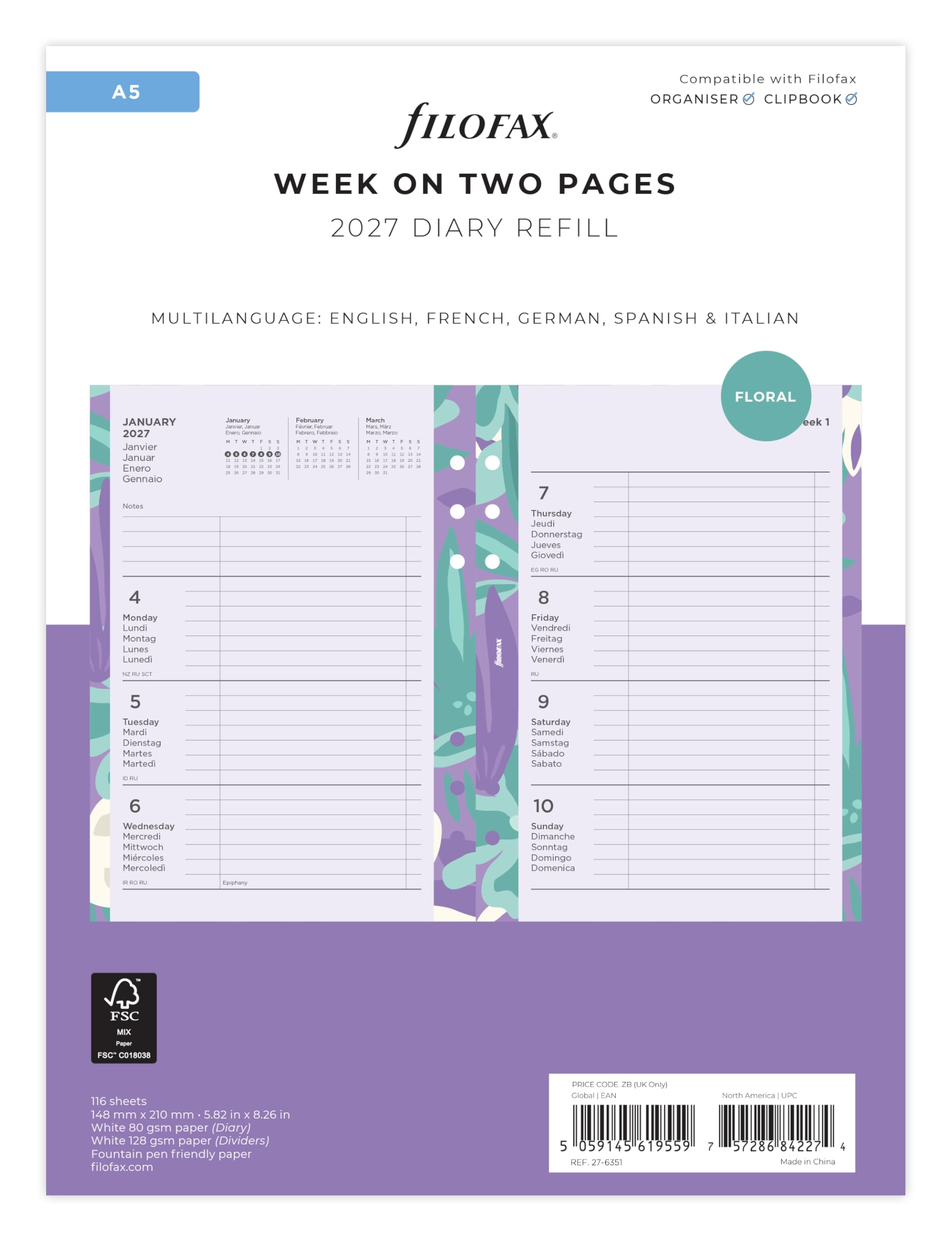Filofax A5 Illustrated Floral Week on 2 Pages 2027 Diary Pack 27-6351