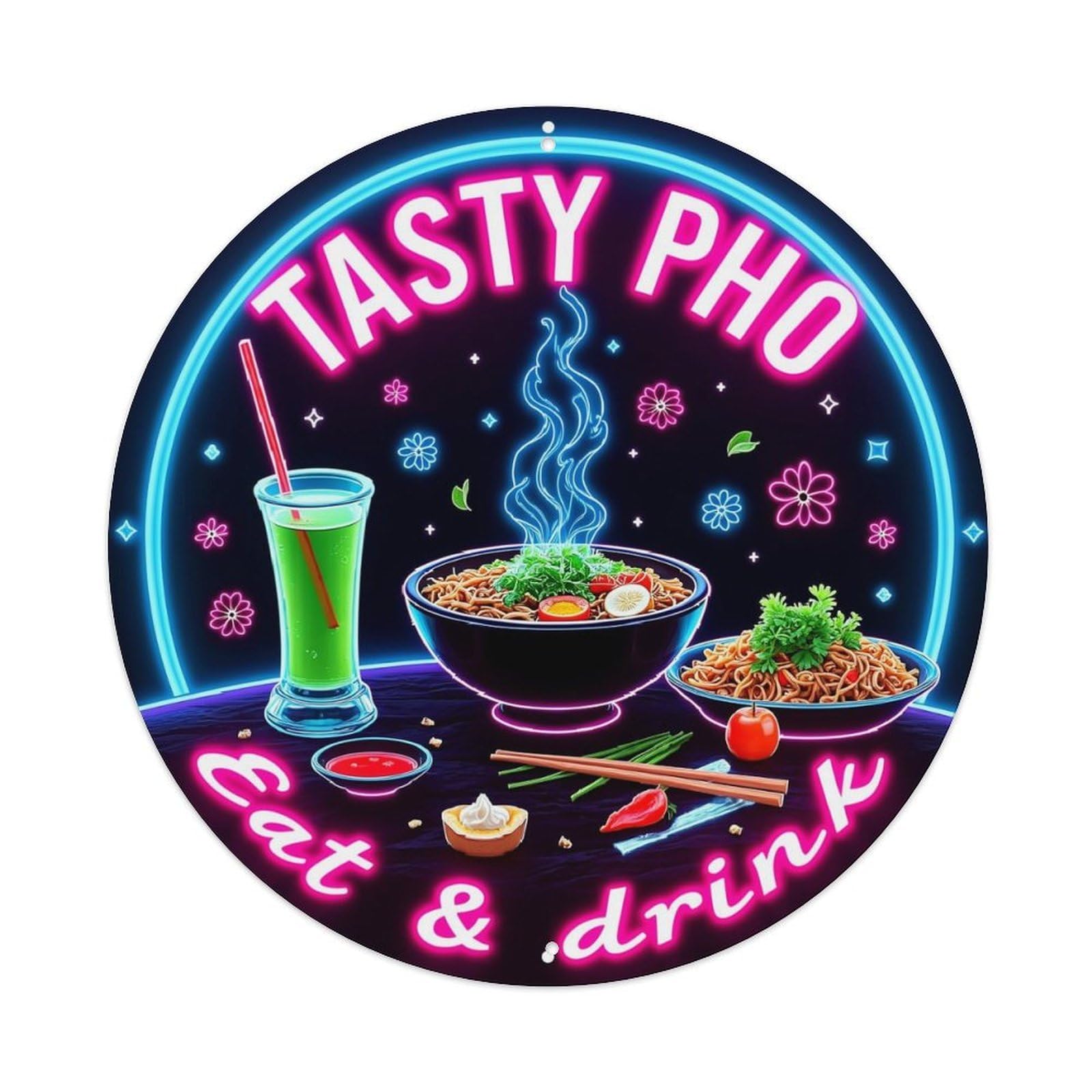 Neon Pho Bowl Drink Chopsticks Round Metal Tin Sign Vintage Wall Decor, Bar Garage Cafe Kitchen Home Wall Art Poster 8x8inches