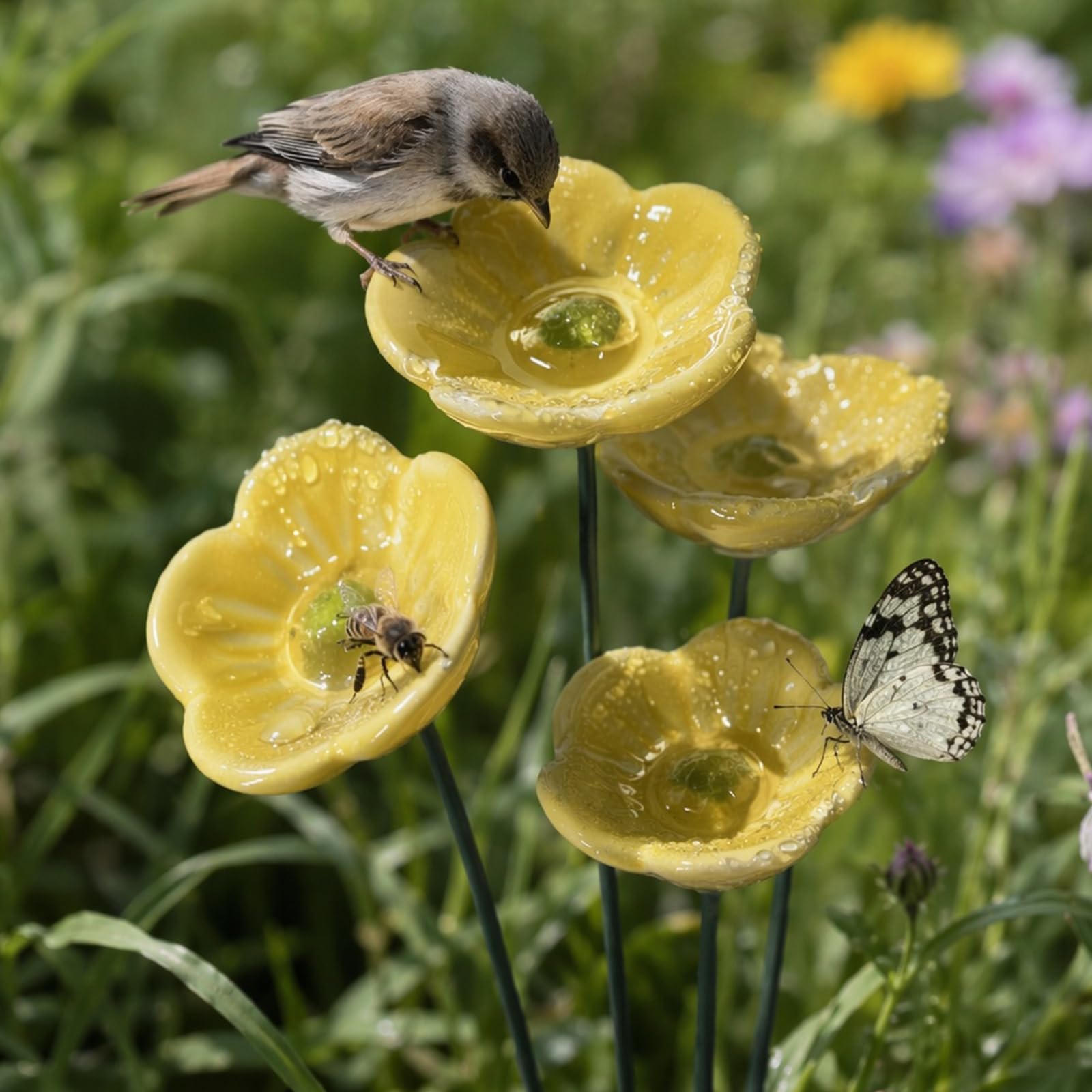 Handmade Ceramic Mini Pollinator Watering Station | Colorful Flower Bee Water Feeder & Butterfly Bird Bath, Small Outdoor Garden Stakes Yard Art Decor for Patio Lawn Balcony