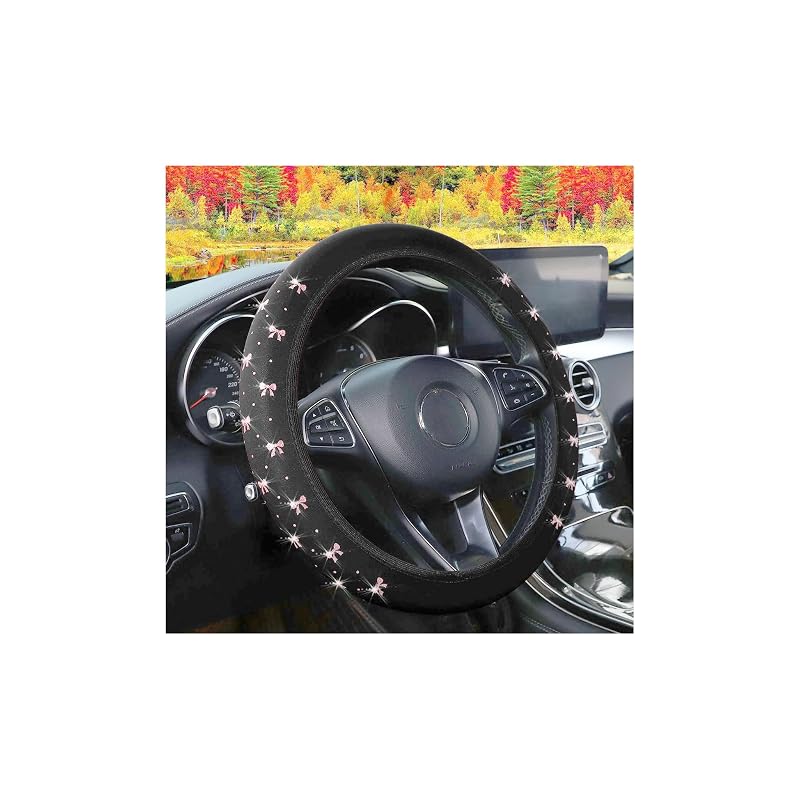 Capa para volante automotivo com laço e strass KHGUZ rosa para volantes de 36,8 a 38,1 cm