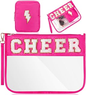 Hillban 2 Pcs Cheer Makeup Cosmetic Bag Cheerleader Team Gifts Clear Zipper Toiletry Pouch for Travel Chenille Letter Bag Pink Preppy Patch Purse PVC Waterproof Cheer Stuff Accessories for Women Girl