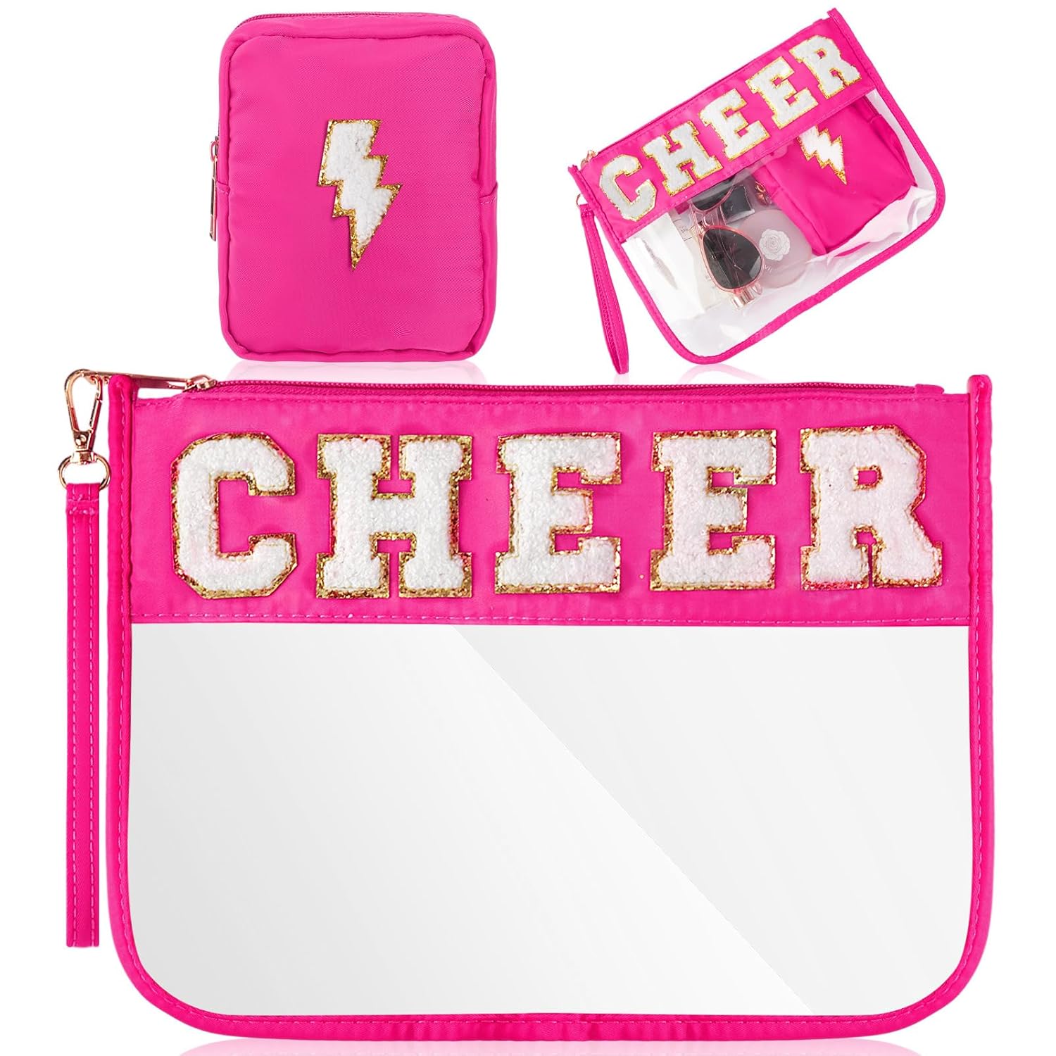 Hillban 2 Pcs Cheer Makeup Cosmetic Bag Cheerleader Team Gifts Clear Zipper Toiletry Pouch for Travel Chenille Letter Bag Pink Preppy Patch Purse PVC Waterproof Cheer Stuff Accessories for Women Girl