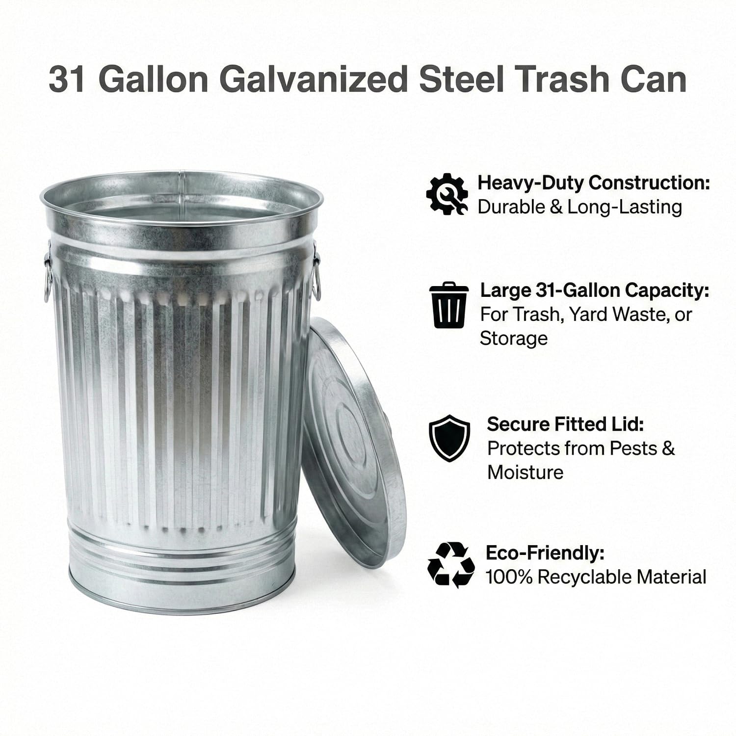 31 Gallon Galvanized Steel Trash Can with Lid – Heavy Duty Metal Outdoor Garbage Bin & Utility Container for Yard Waste, Pet Food, Charcoal Storage – Weather Resistant, Rust Proof Design with