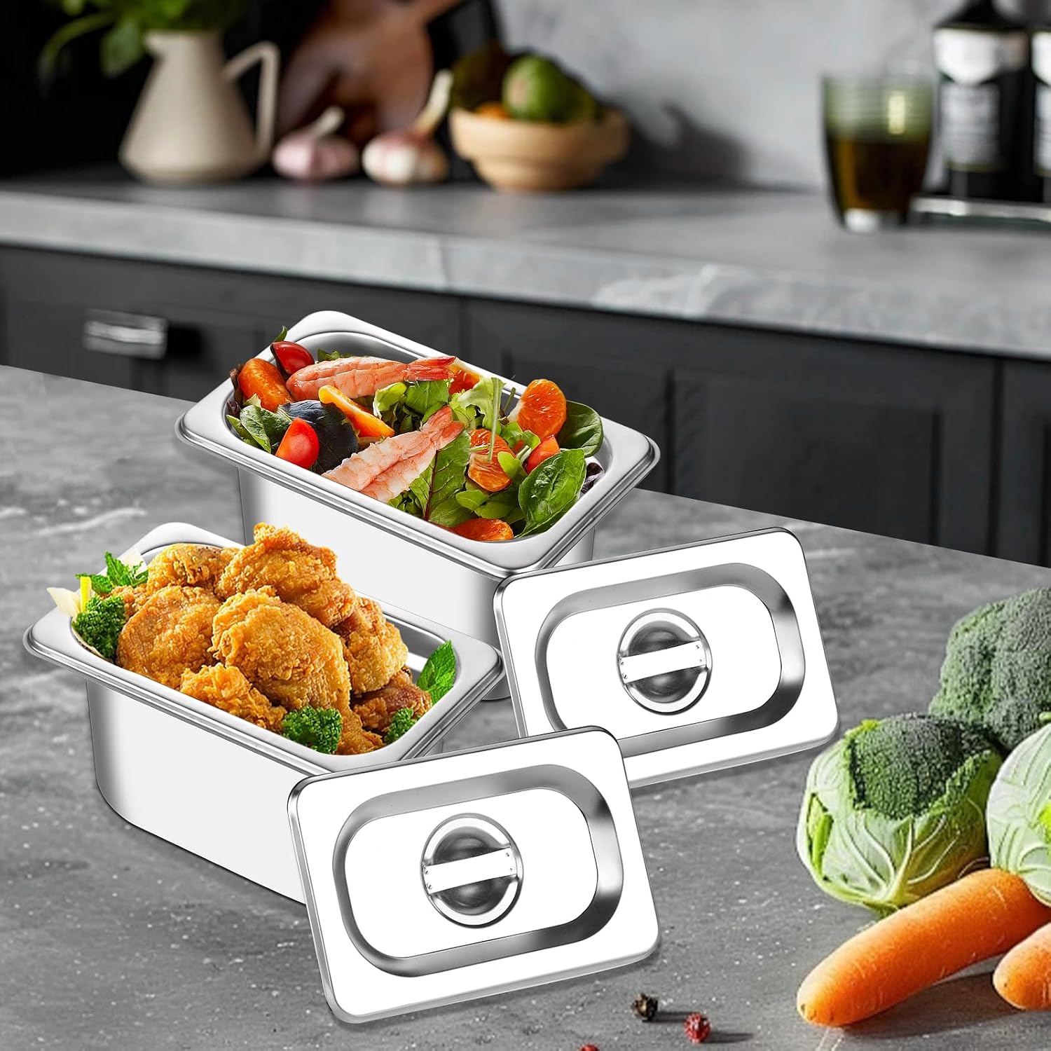 BAKPOCO Hotel Pan With Lid 1/9 Size - 4" Deep 4 Packs Stainless Steel Food Pan for Steam Table, Commercial Restaurant, Anti Jam, Buffet