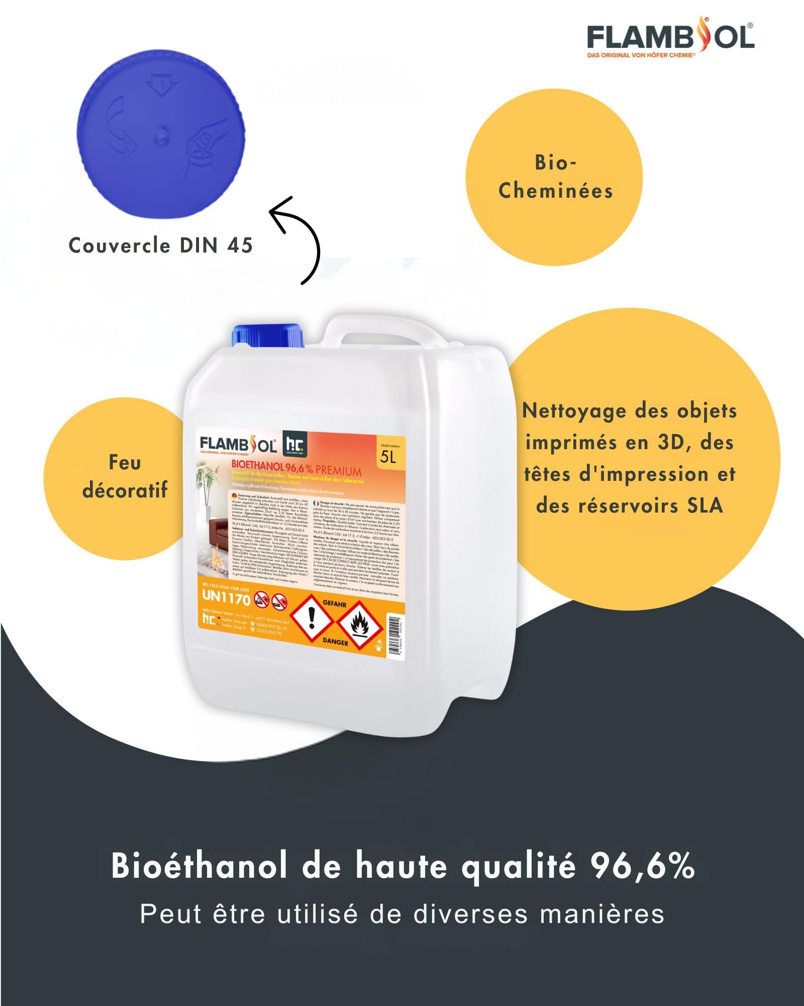 Höfer Chemie Bioéthanol 96,6% Premium 1 X 10 L - Éthanol Pour Cheminées De Table, Cheminées Et Décorations De Jardin Extérieur - Sans Fumée Ni Suie - A Base De Maïs Et