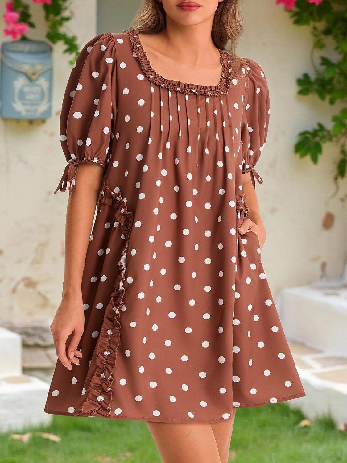 Wenrine Womens Babydoll Mini Dresses Casual Polka Dot Short Sleeve Square Neck Oversized Cute Summer Dress with Pockets - Image 3