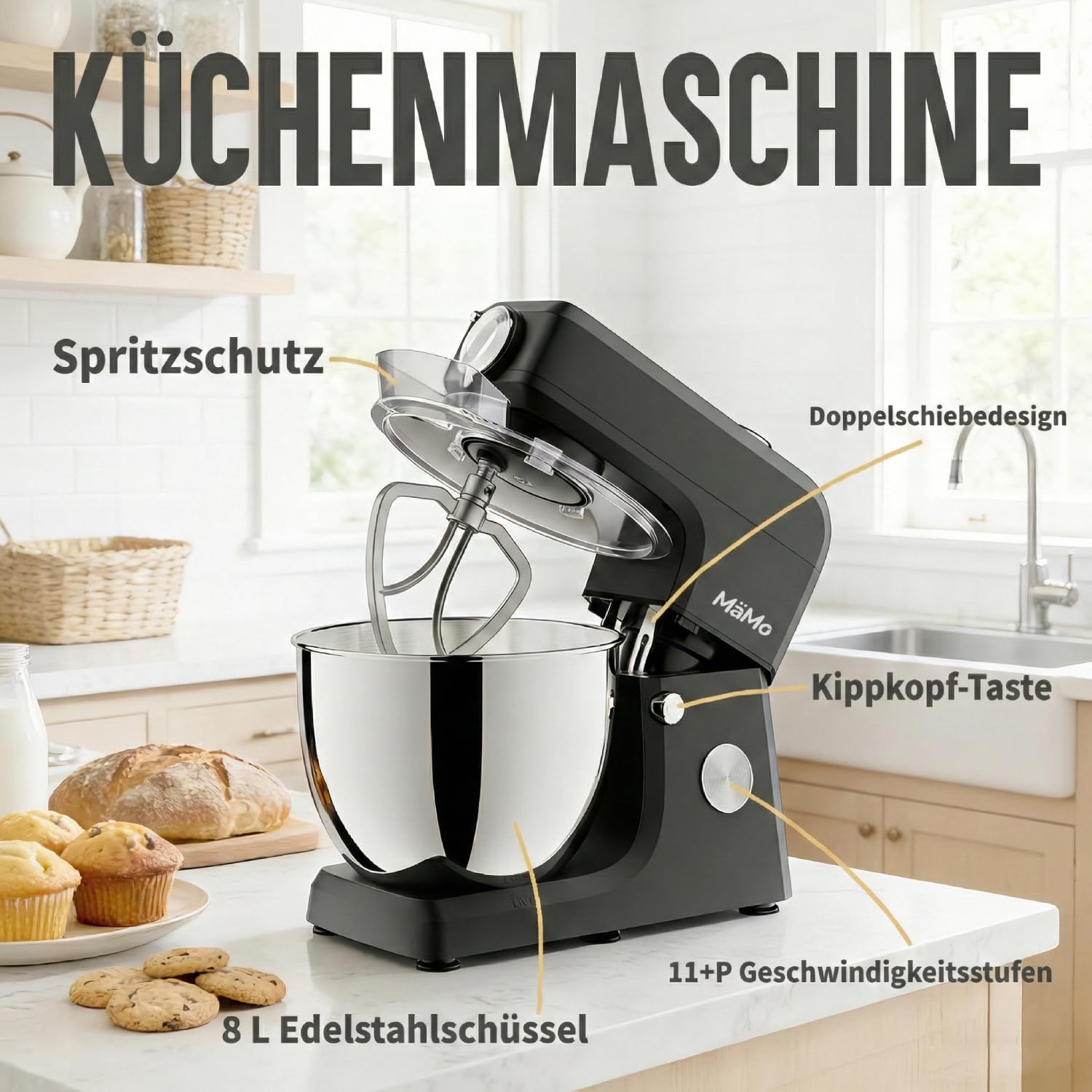 1900W Küchenmaschine, 8L Teigmaschine mit LED-Touchscreen | Rührgerät & Mixer mit 11 Stufen, 6 Programmen & 3-tlg. Patisserie-Set. Ideal für Teig, Sahne & Fleisch.