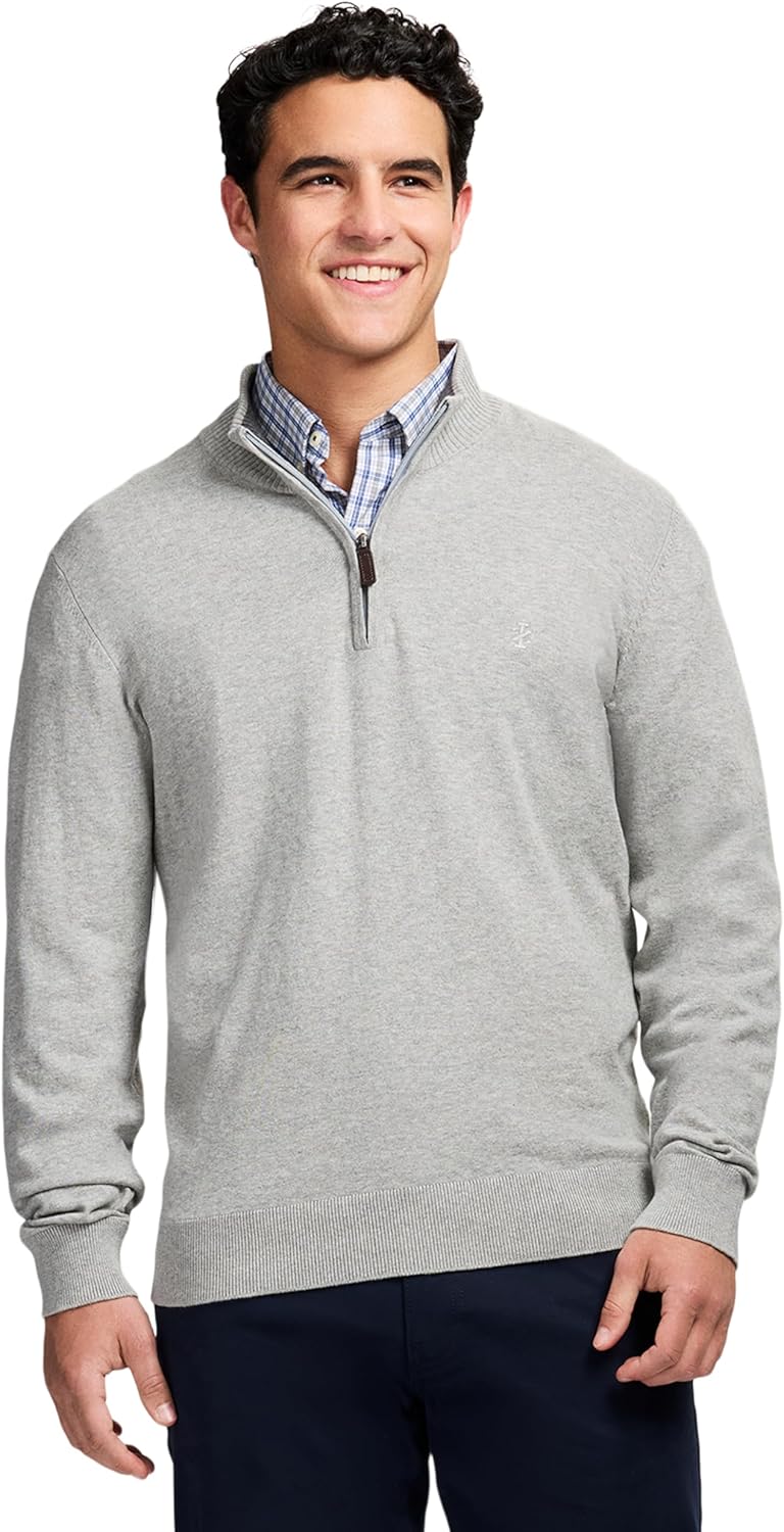 IZOD Men's Premium Essentials Quarter Zip Sweater, Light Grey Heather