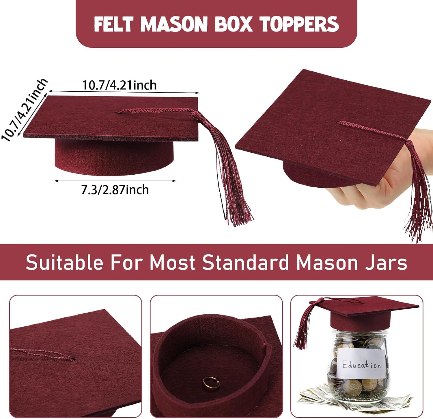 Mindsoft 24 Pcs 2026 Graduation Cap Decorations Mason Jar Lid with Tassels 4.2 Inch Grad Hat Large Mason Can Toppers for 2026 Graduation Party Supplies Table (Maroon) Maroon 24