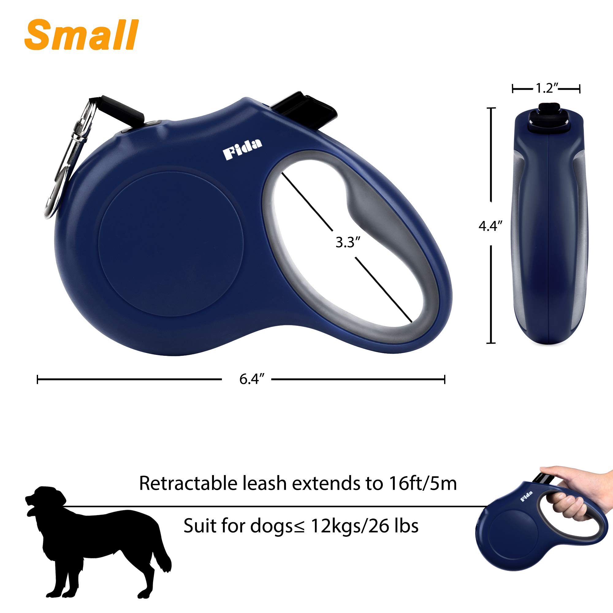 Fida Retractable Dog Leash 16ft For Small Breeds - With Poop Bag Dispenser And Reflective Tape
