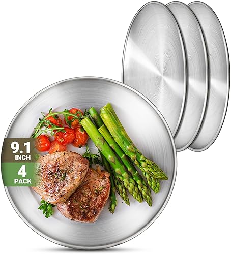 Platos de metal para campamento, paquete de 4 platos de acero inoxidable 304 (188) de 9.1 pulgadas, platos reutilizables para pizza, aperitivos,