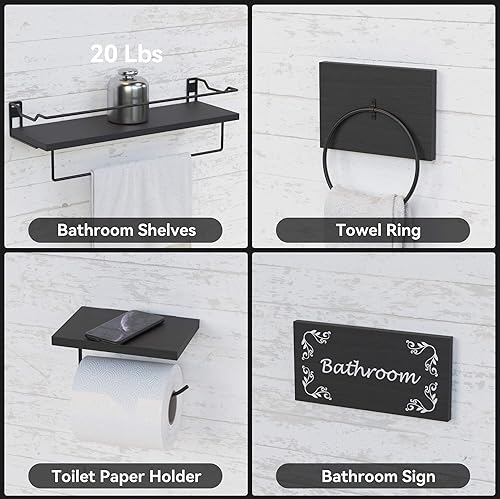 Miniatura 4 de RICHER HOUSE Juego de 5 accesorios de baño, estantes flotantes montados en la pared con toallero y anillo, letrero de baño, soporte para rollo de