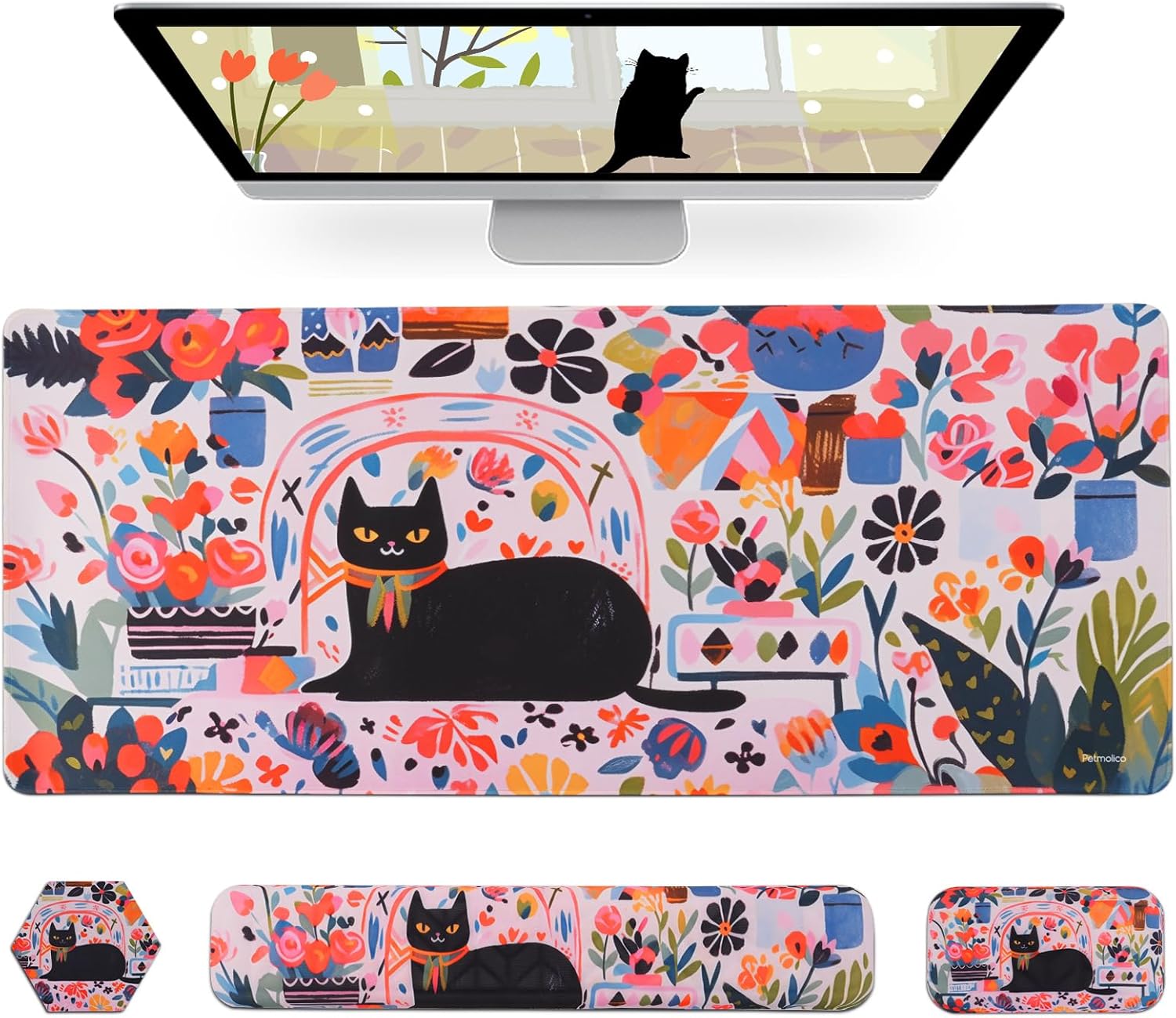 Petmolico Wrist Rest Set with Computer Keyboard Desk Pad,Mouse Wrist Rest,Keyboard Typing Wrist Pad and Cup Coasters,Ergonomic Design for Typing Pain Relief(Black,Cat with Flowers)