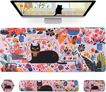 Petmolico 4-in-1 Wrist Rest Set with Desk Pad, Cat and Flowers