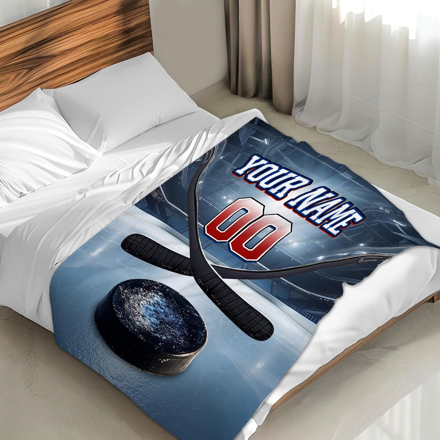 Personalized Ice Hockey Blanket, Cool 80 x 60 Inches Soft Cozy Sports Blanket, Gift for Boys Girls, Ice Hockey Lovers, White Soft Warm Fuzzy Throw for Bed, Living Room, Home Decor