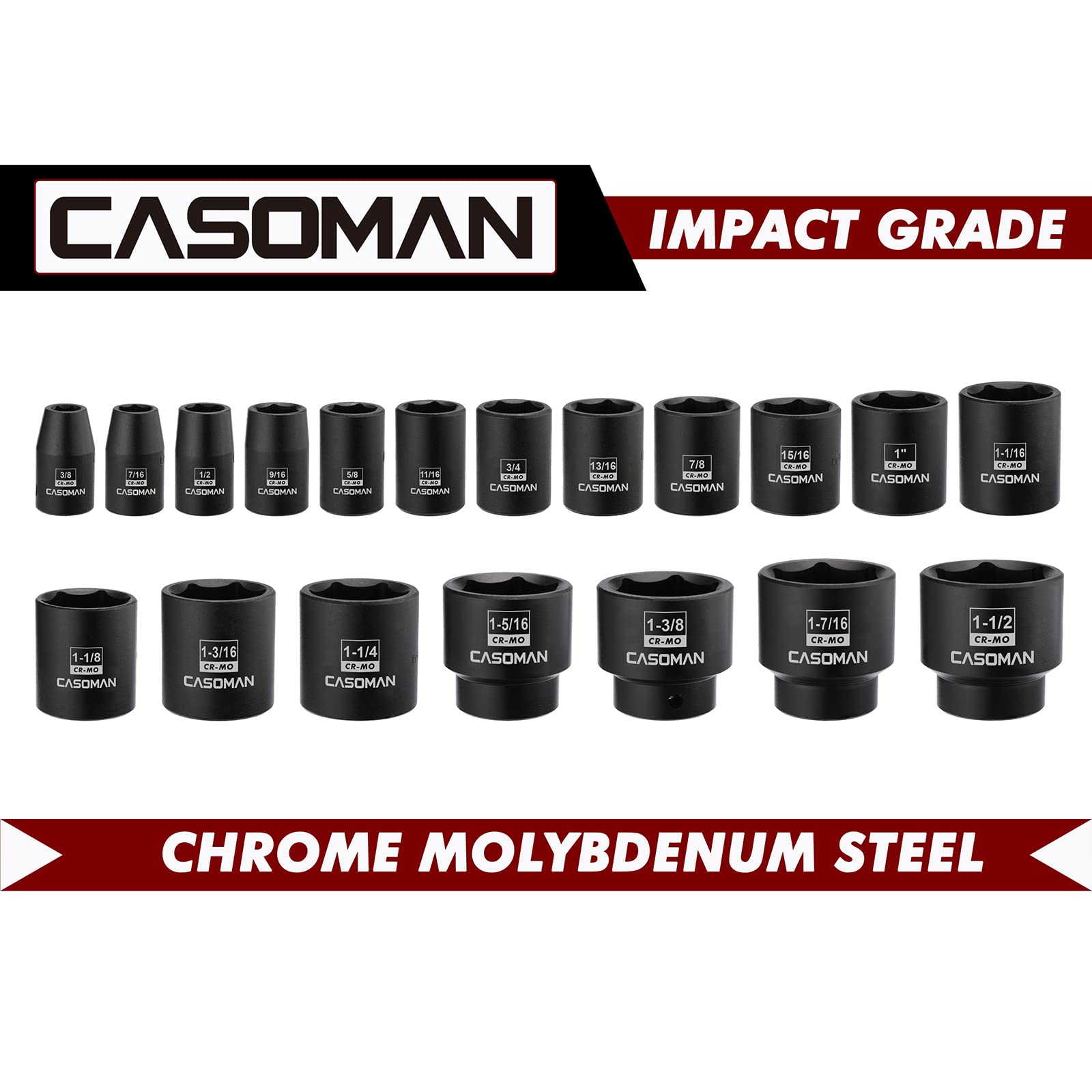 CASOMAN 19-częściowy standardowy zestaw nasadek udarowych 1/2", SAE, płytkie, 3/8" do 1-1/2", stal stopowa Cr-Mo, konstrukcja narożnika promienia, klasa udarności