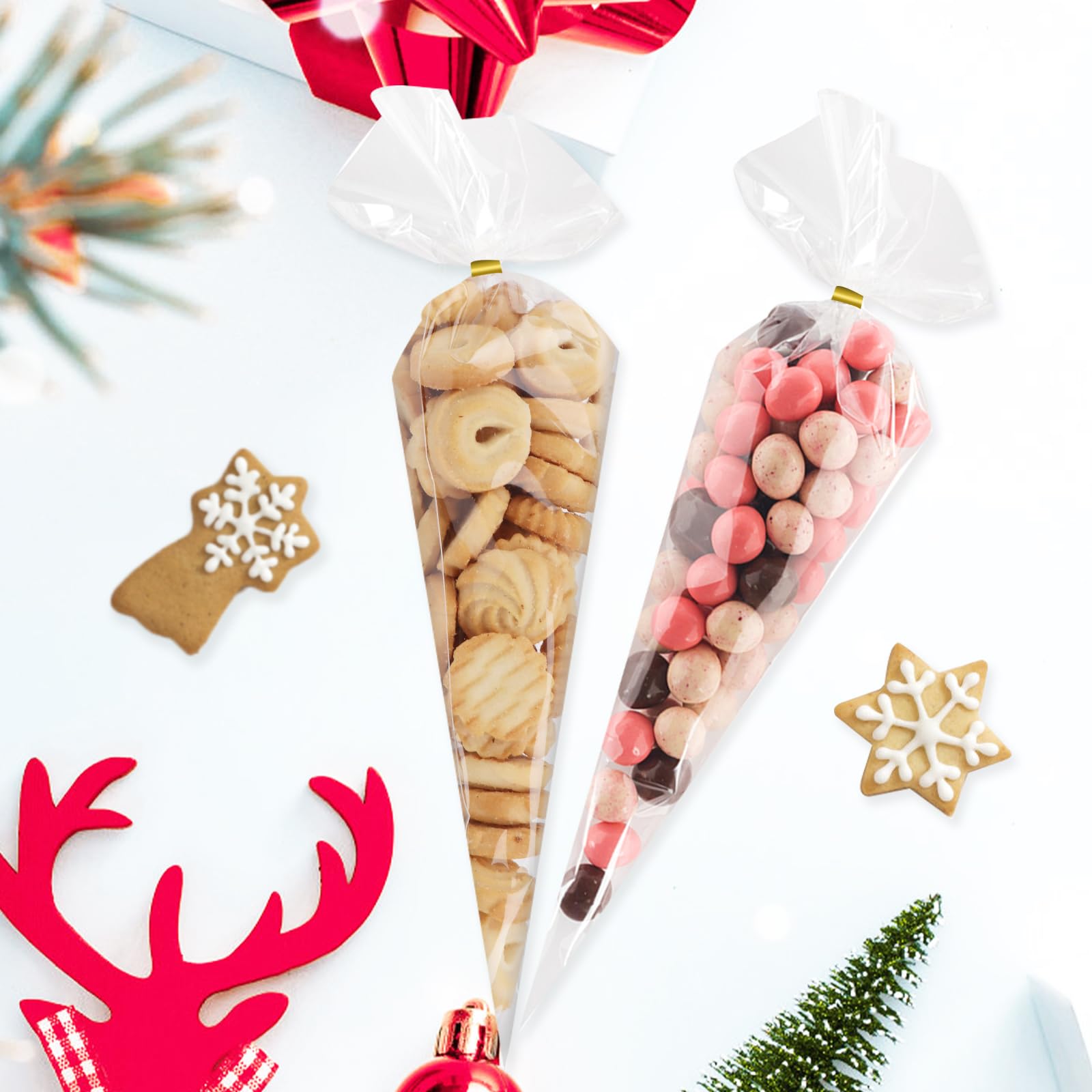 WOGOPRO 120 Sacchetti Per Biscotti Di Natale In Cellophane Con 120 Chiusure – 6 Design Diversi, 13x27 Cm - 5