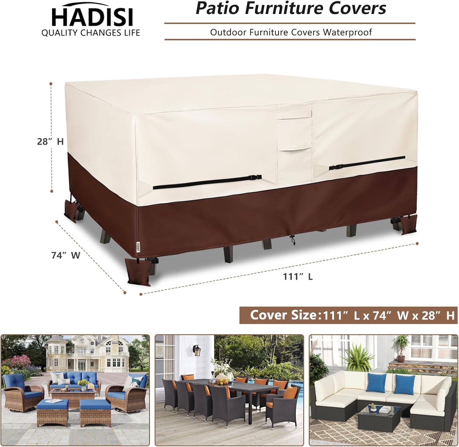 Patio Furniture Covers,Outdoor Furniture Cover Waterproof,600D Rectangular Patio Heavy Duty Table Cover,Outdoor Dining Table and Chair General Purpose Furniture Covers 111"L x 74"W x 28"H-Beige