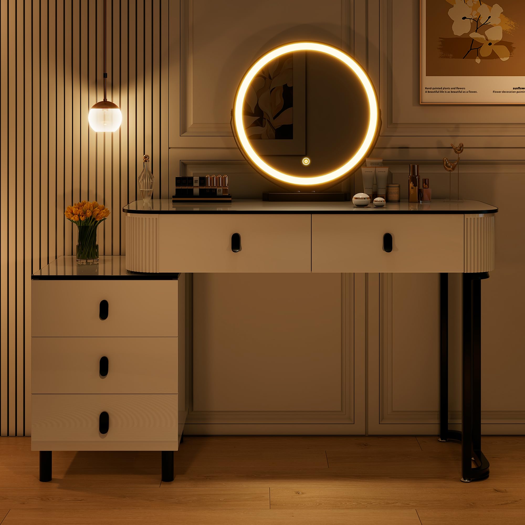 WOLTU Schminktisch mit Spiegel LED & Beleuchtung, 3 Lichtfarben, Moderner Frisiertisch mit 5 Schubladen, 2-in-1 Schreibtisch, Flexibler Unterschrank, für Schlafzimmer, auz Holz, in Weiß+Schwarz