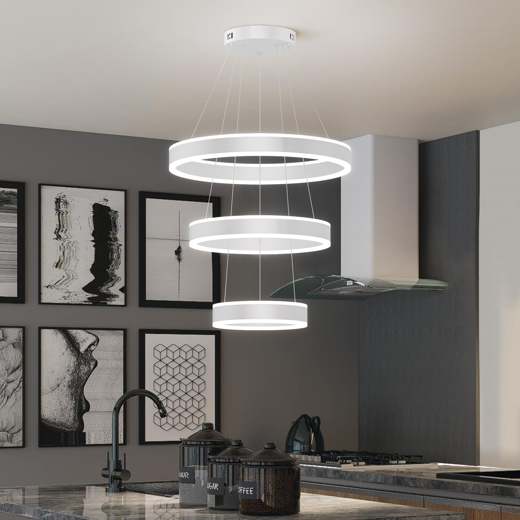 O'NEELDY Modern LED Chandeliers Adjustable Hanging White Pendant Light Fixture 3 Ring Flush Mount Chandeliers for Bedroom,Kitchen,Island Cafe